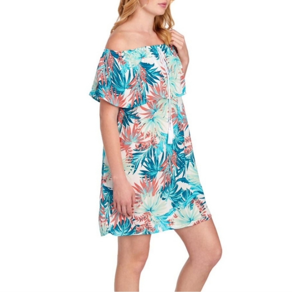 Love...Ady Palm Print Tropical Off The Shoulder Summer Dress  - Large